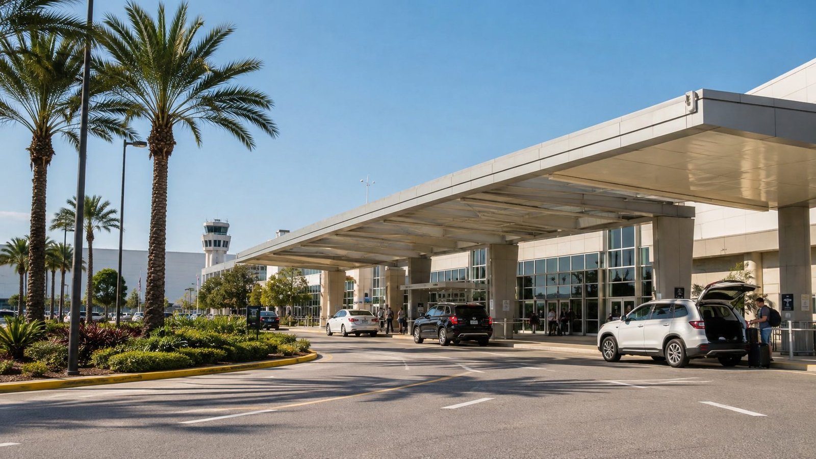 Traveler loading luggage into an SUV at an airport departures curb