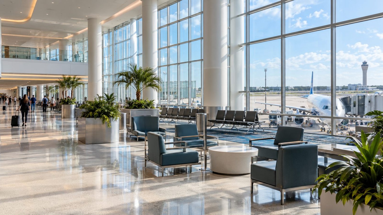 Sunlit airport terminal lounge overlooking an airplane at the gate