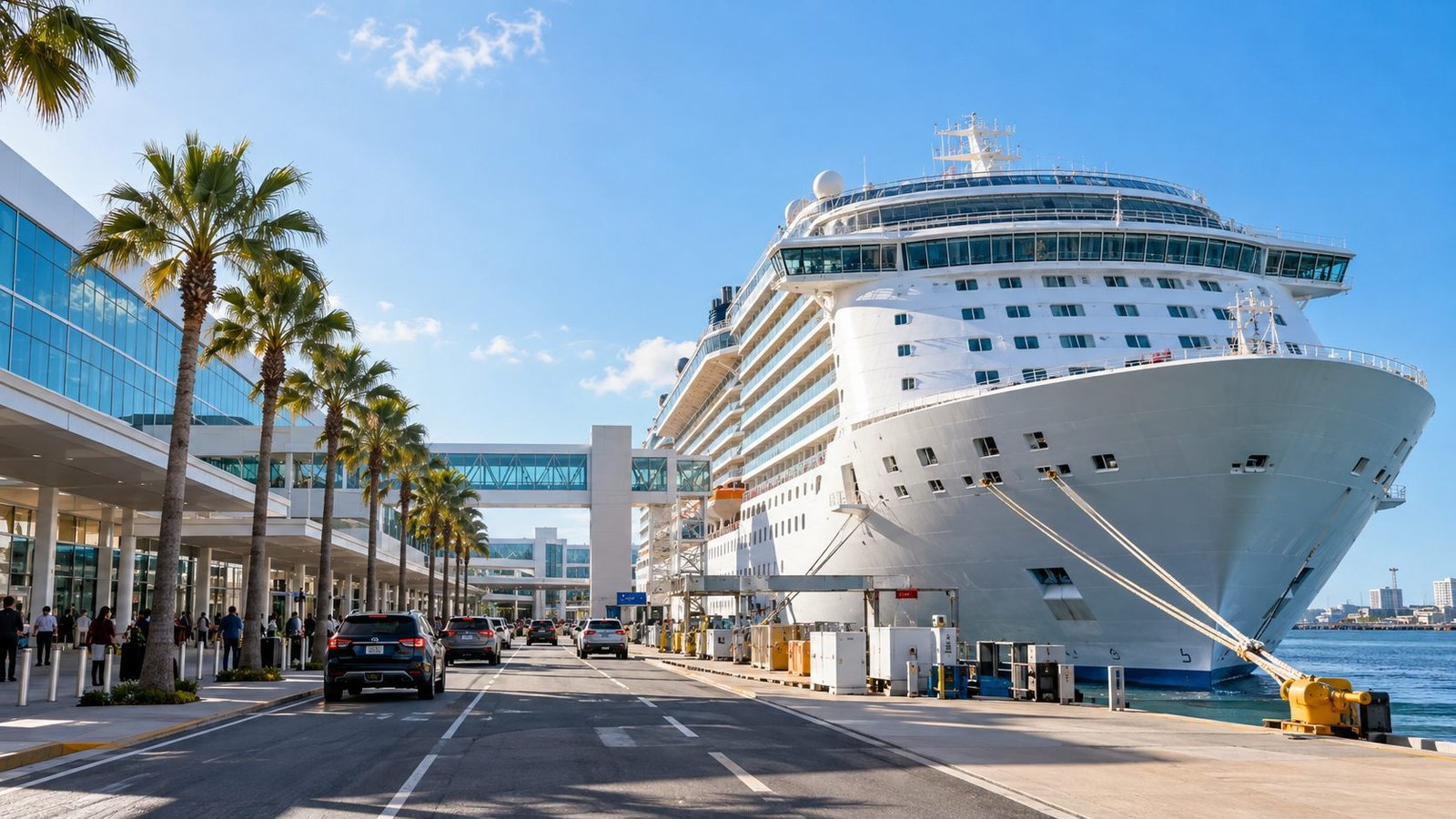 Cruise ship docked at a Florida cruise terminal with palm trees