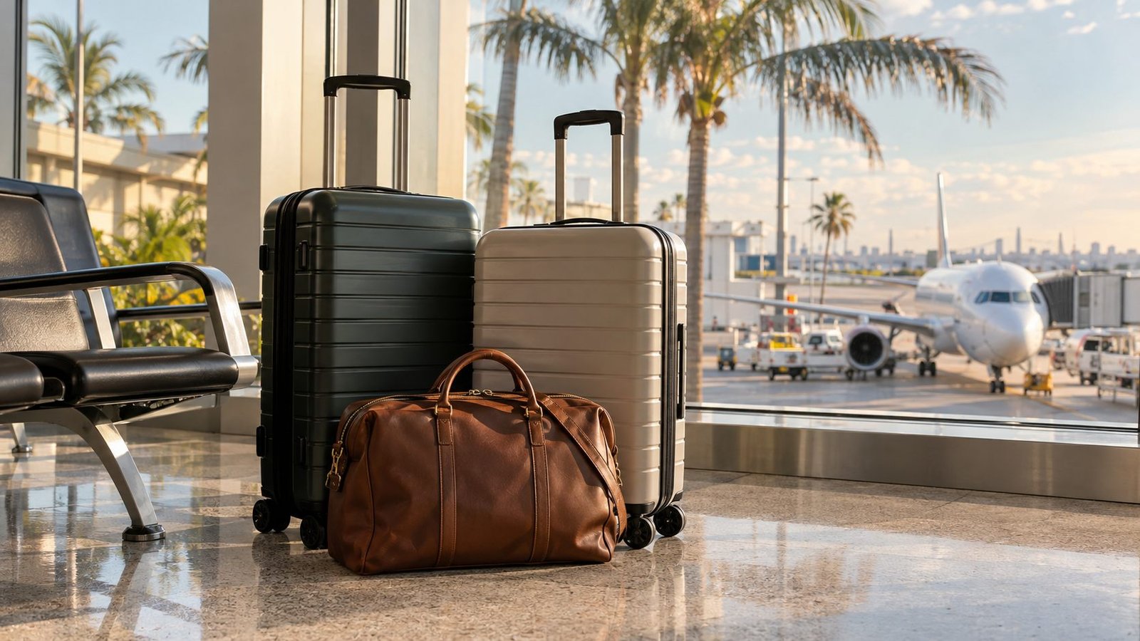 Suitcases and a leather travel bag beside an airport window