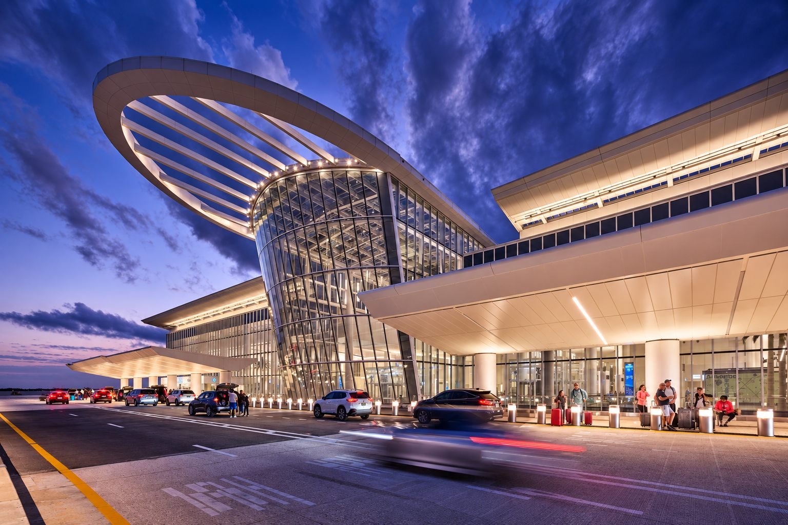 Orlando International Airport (MCO) terminal curbside lit up at dusk