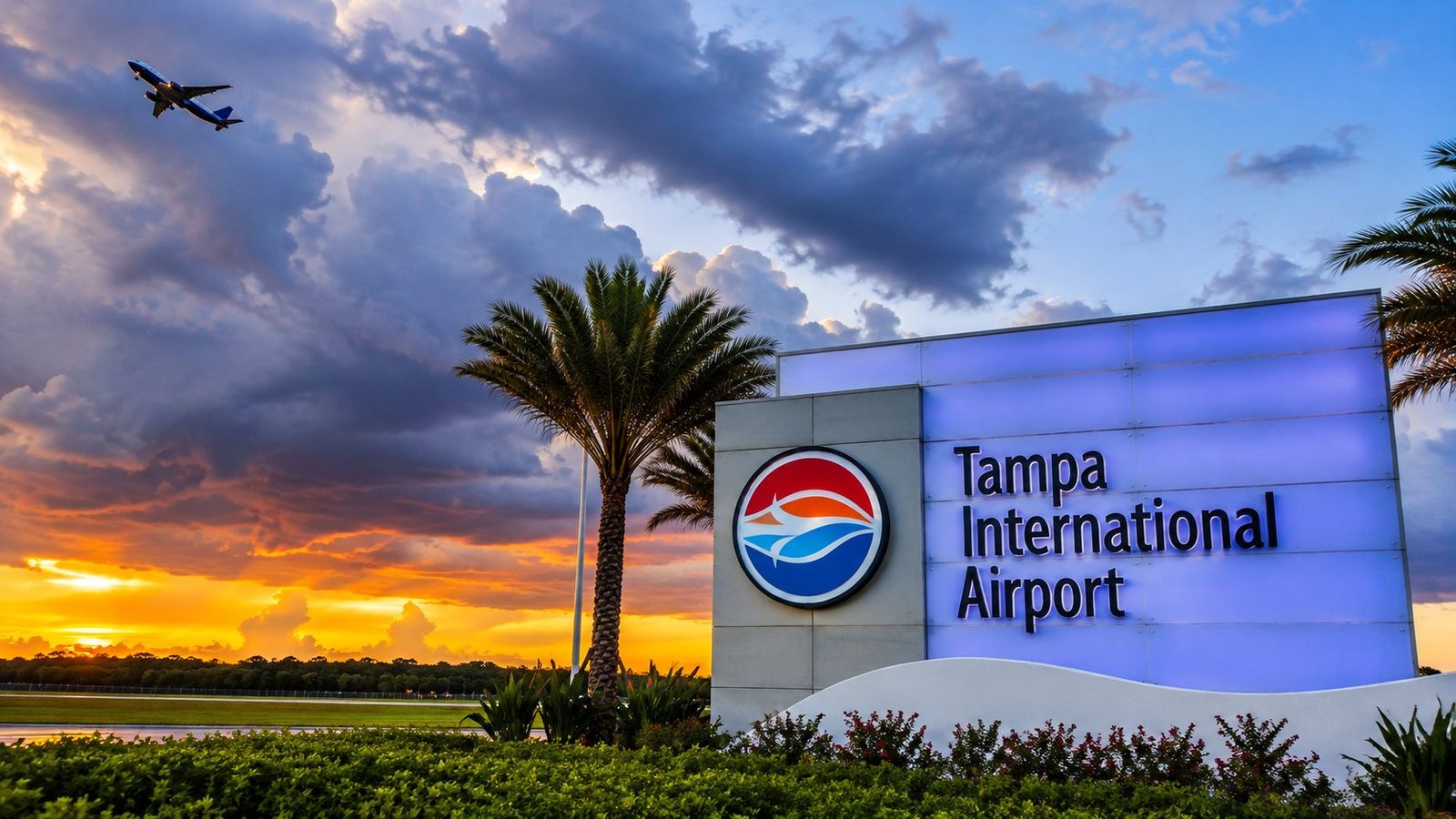 Tampa International Airport (TPA) entrance sign at sunset with a departing plane