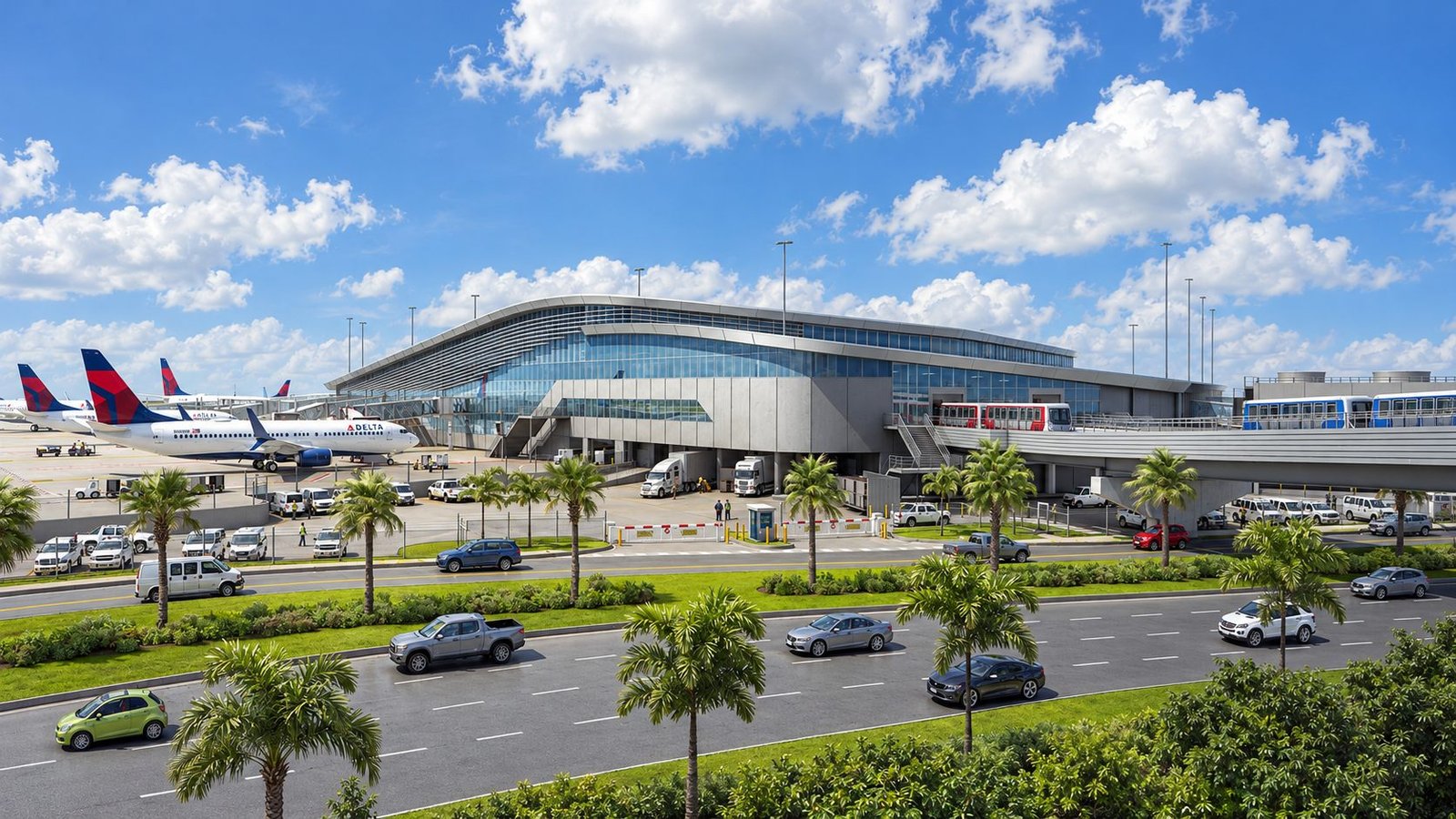Tampa International Airport terminal with airliners at the gates