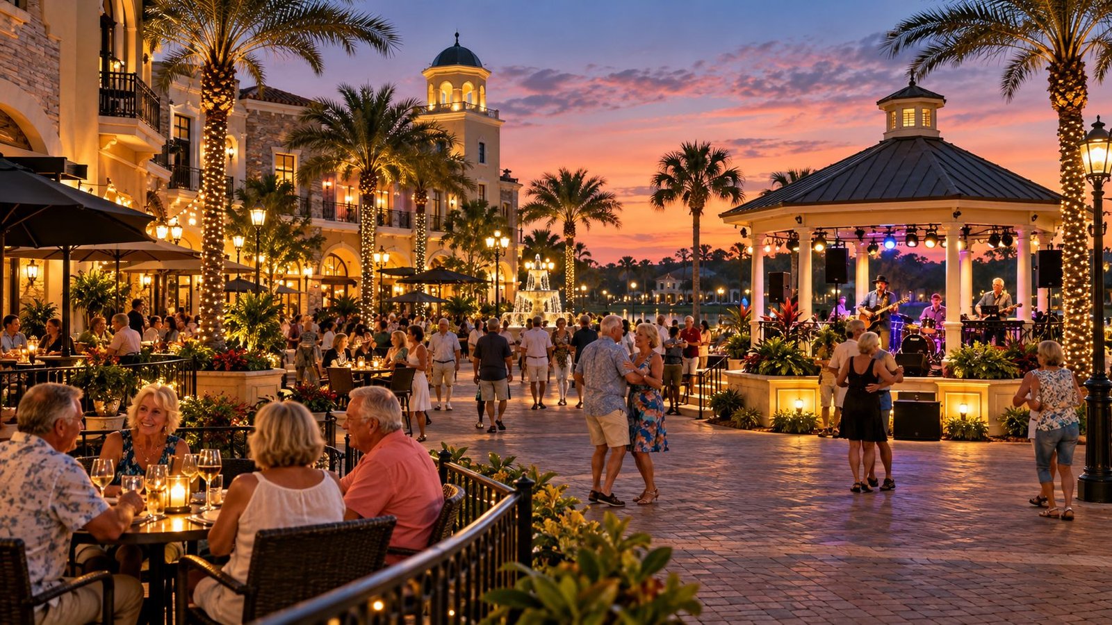 Live band playing under a gazebo as couples dance in The Villages at sunset