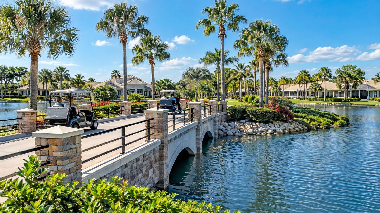 Golf carts crossing a palm-lined bridge over a lake in The Villages, Florida