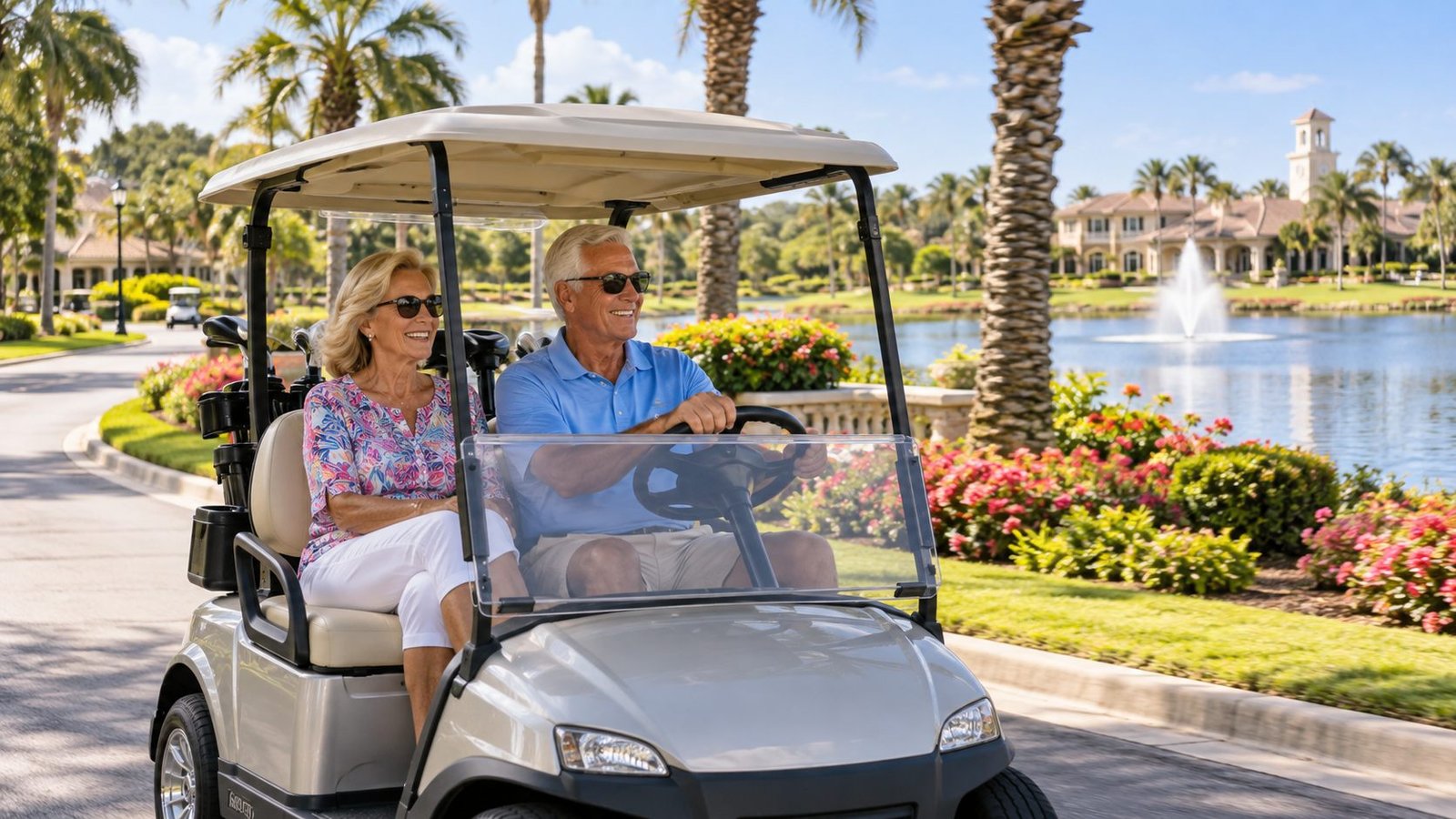 Smiling senior couple riding a golf cart past a lake in The Villages