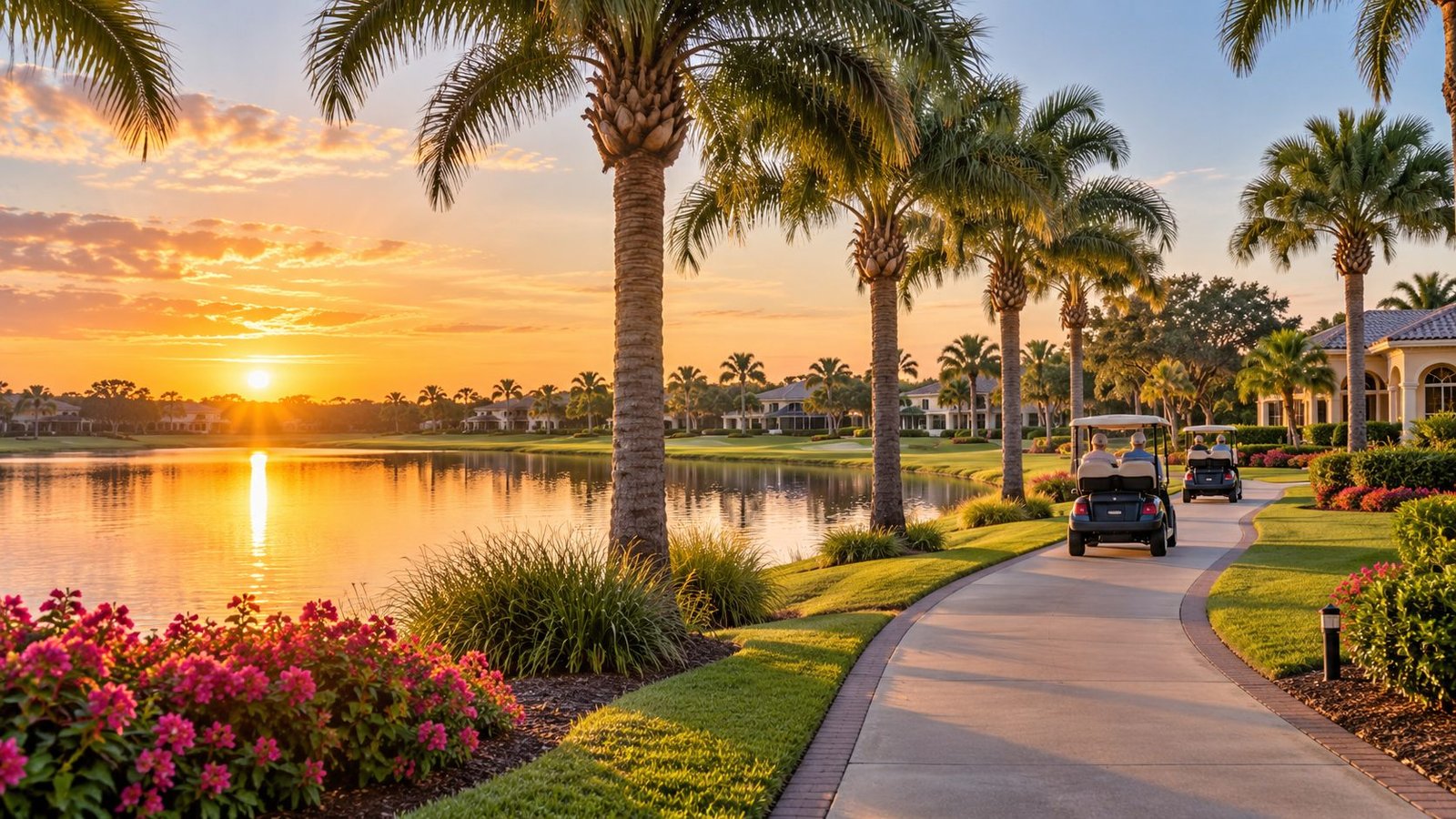 Golf carts on a palm-lined lakeside path at sunset in The Villages, Florida