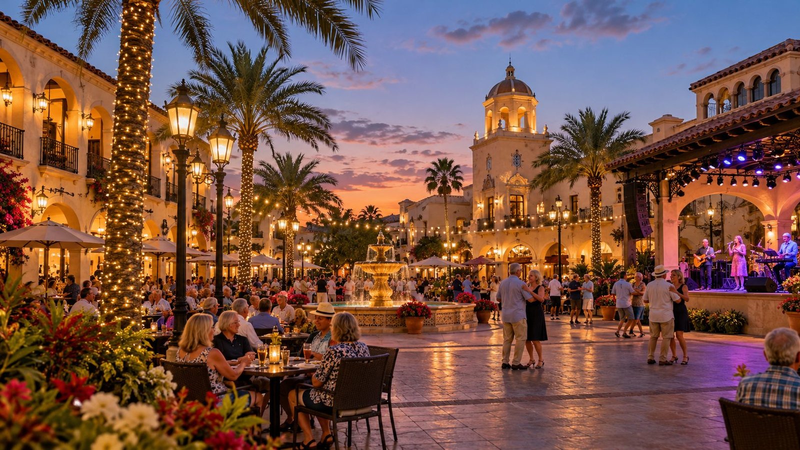 Evening crowd enjoying live music in a town square in The Villages, Florida